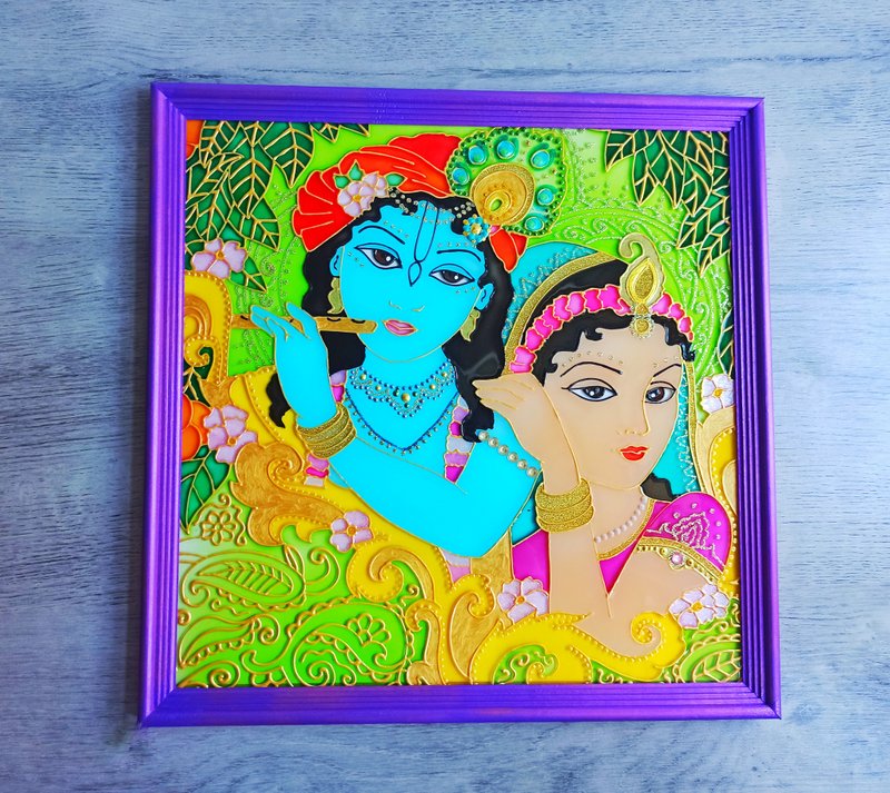 室利拉达克里希纳艺术手工彩色玻璃克里希纳绘画印度冥想 - 牆貼/牆身裝飾 - 玻璃 紫色