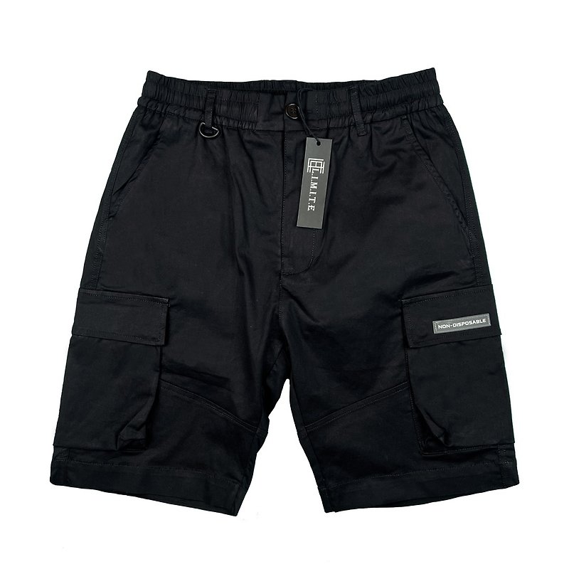 Men's Woven Pants with cargo pocket - กางเกงขาสั้น - ผ้าฝ้าย/ผ้าลินิน สีดำ