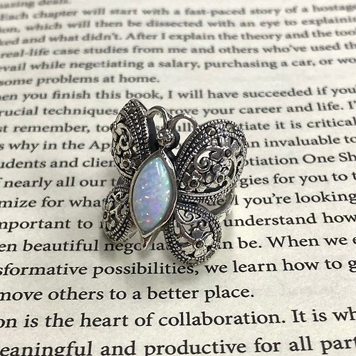 alisadesigns Art Deco Style Flower Butterfly Ring Gilson Opal & Marcasite 925 Sterling Silver