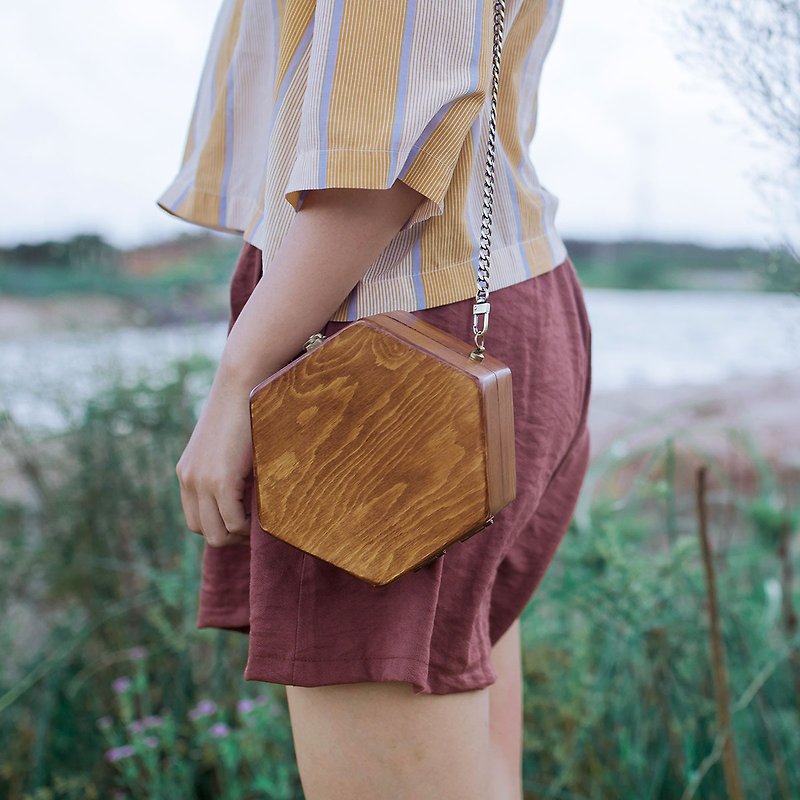 Vintage Vintage Hexagon Wooden Bag Crossbody Shoulder Bag - กระเป๋าแมสเซนเจอร์ - ไม้ 