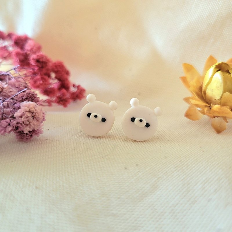 Purely handmade soft clay jewelry, cute white bear earrings, polar bear ear pins/ Clip-On - Earrings & Clip-ons - Clay White