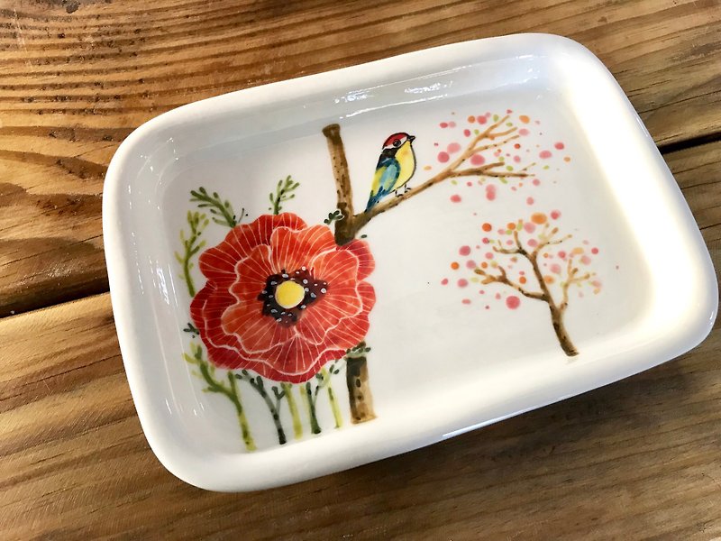 釉薬の絵の下の小さな新鮮な花と鳥のシリーズ - 皿・プレート - 磁器 多色