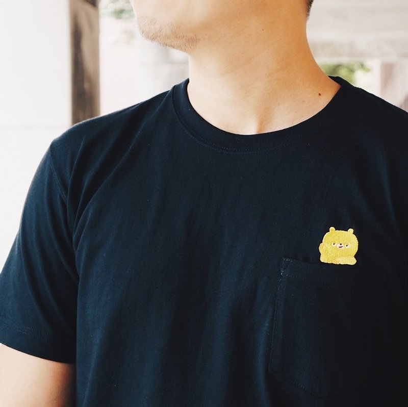 Embroidered thick pockets T-shirt / Lazy / black - เสื้อฮู้ด - ผ้าฝ้าย/ผ้าลินิน สีดำ