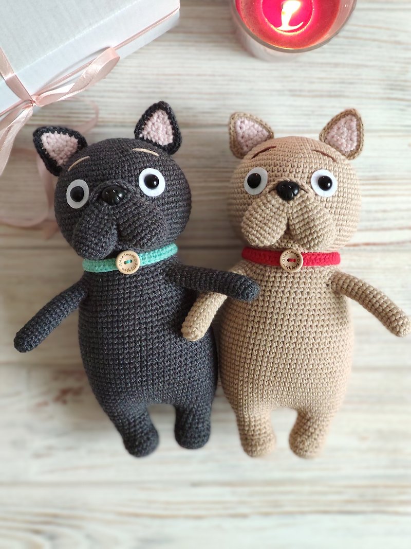 Crochet dog amigurumi English French bulldog gifts Cotton toys Stuffed animals - ของเล่นเด็ก - ผ้าฝ้าย/ผ้าลินิน สีดำ