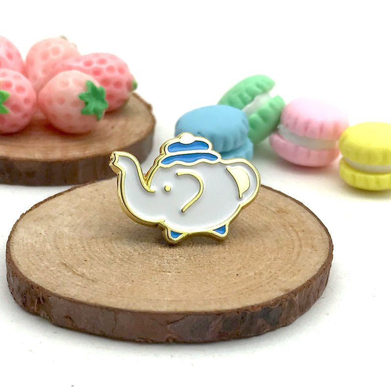 Elephant Teapot Enamel Pin - Brooches - Other Metals White