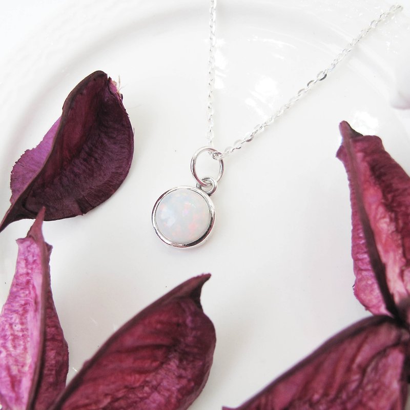 ▹ ▹ ◃ ◃ ◃ ◃ ◃ 【Handmade Silver】 Opal × Round × Sterling Silver Necklace - Necklaces - Other Metals White