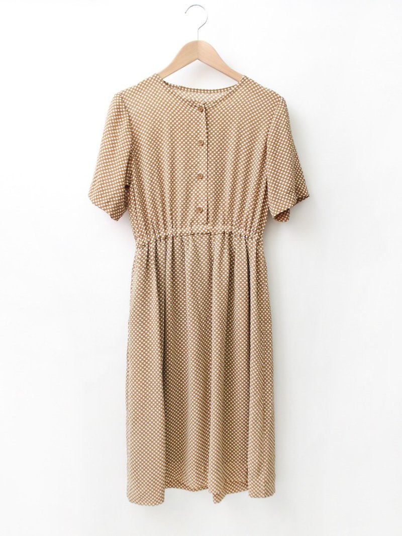 【RE0614D1254】初夏復古簡約點點橄欖黃短袖古著洋裝 - 洋裝/連身裙 - 聚酯纖維 卡其色