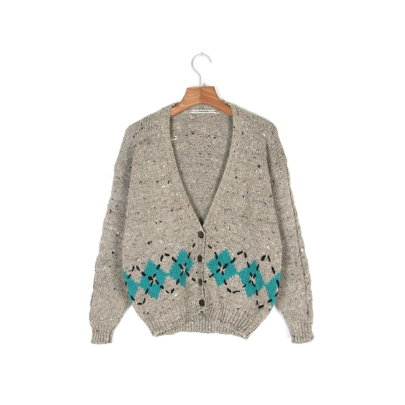 Egg plant vintage brittle brittle grid knit sweater coat - สเวตเตอร์ผู้หญิง - ขนแกะ สีกากี