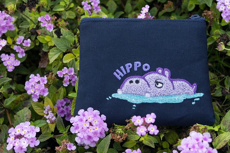 [Hippo Coin Purse] Cute animal hippopotamus three-dimensional embroidery universal coin purse gift - กระเป๋าใส่เหรียญ - งานปัก สีน้ำเงิน