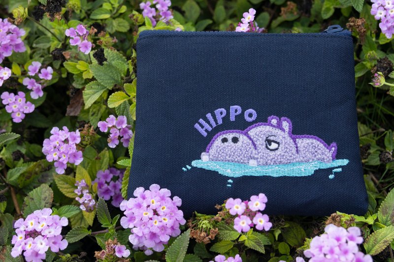 Three-dimensional embroidered coin purse [Hippo] Towel embroidered universal coin purse gift - Coin Purses - Thread Blue