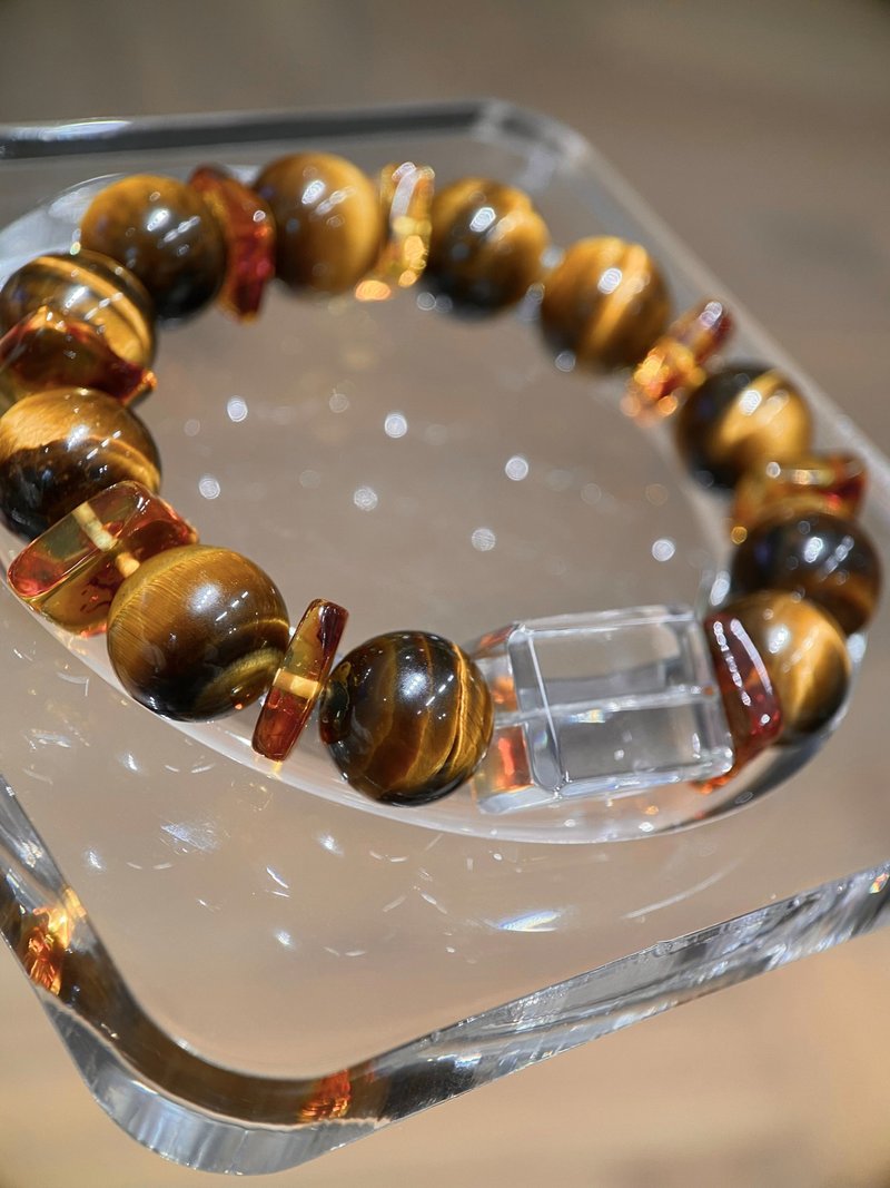 黃虎眼 白水晶 花珀 12mm 手鏈手串 - 手鍊/手環 - 水晶 