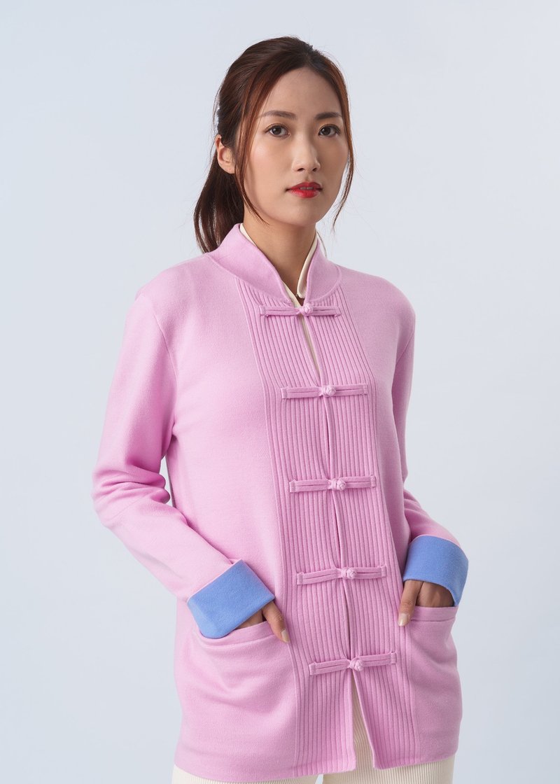 Bicolor Knitted Tang Jacket (Baby Pink/ Blue) - เสื้อโค้ทผู้ชาย - ขนแกะ สึชมพู