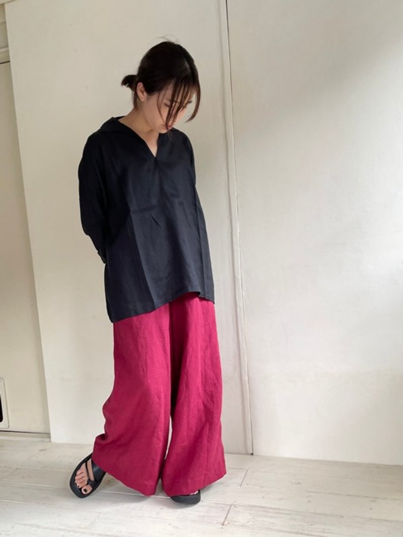 リネンのフレアワイドパンツ（赤） - 女長褲 - 棉．麻 