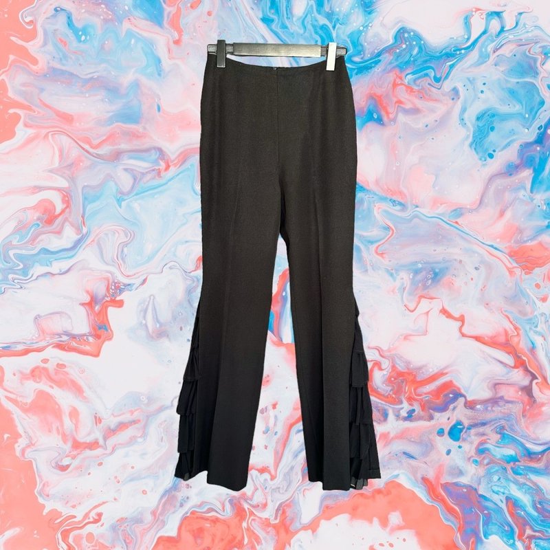 Second-hand CHAUN black slightly shiny slit lining lotus leaf trumpet 25 high waist trousers G315 - กางเกงขายาว - เส้นใยสังเคราะห์ สีดำ