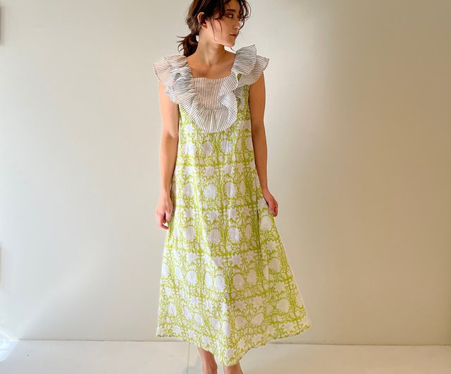 Block print frill dress #light green - Shop nifeile-okinawa One