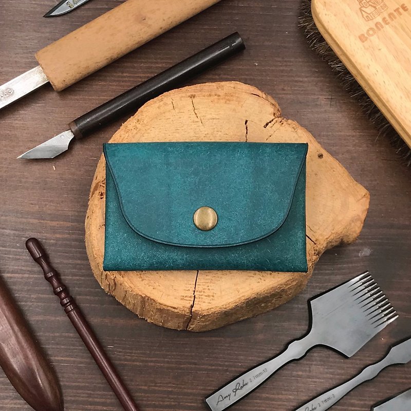 【Purse】Bluish Green Pueblo | Universal Small Bag | Handmade Leather in Hong Kong - ที่เก็บนามบัตร - หนังแท้ สีน้ำเงิน