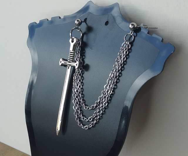 Long sword earring double piercing. Gothic dagger earring