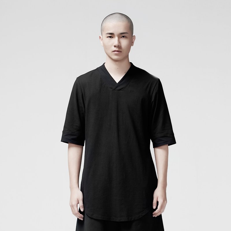 TRAN - water chestnut collar round swing TEE - Men's T-Shirts & Tops - Cotton & Hemp Black