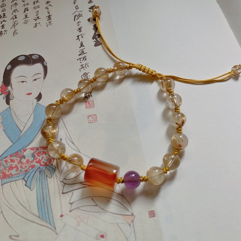 手作 金雁城。天然鈦晶復古編織手鏈 瑪瑙桶珠紫水晶手繩中式禪意 - 手鍊/手環 - 水晶 金色