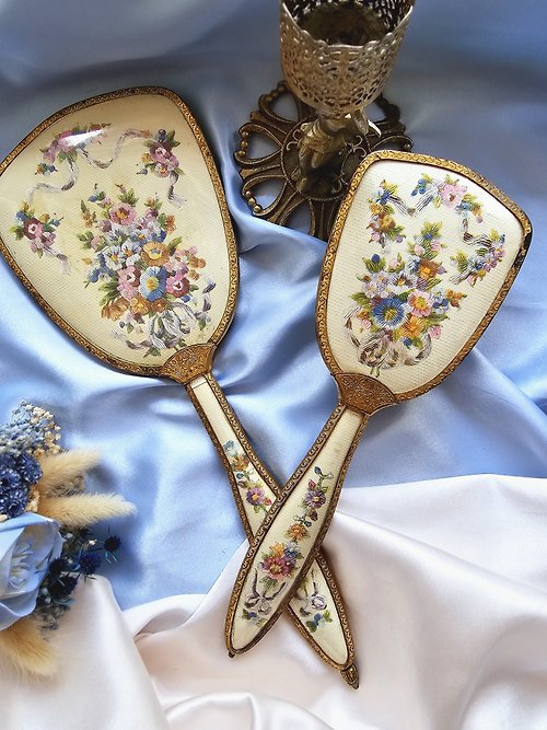 Hale黑爾典藏西洋古董 英國復古花卉手拿鏡/vintage美國西洋古董飾品/早期復古首飾