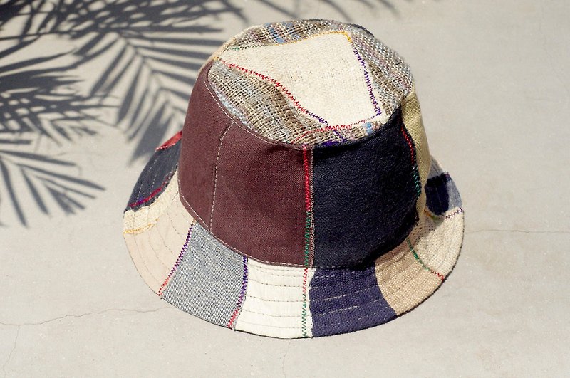 Limited one ethnic mosaic of hand-woven cotton cap / hat / visor / Patchwork cap - brown stitching Japanese national wind - หมวก - ผ้าฝ้าย/ผ้าลินิน หลากหลายสี