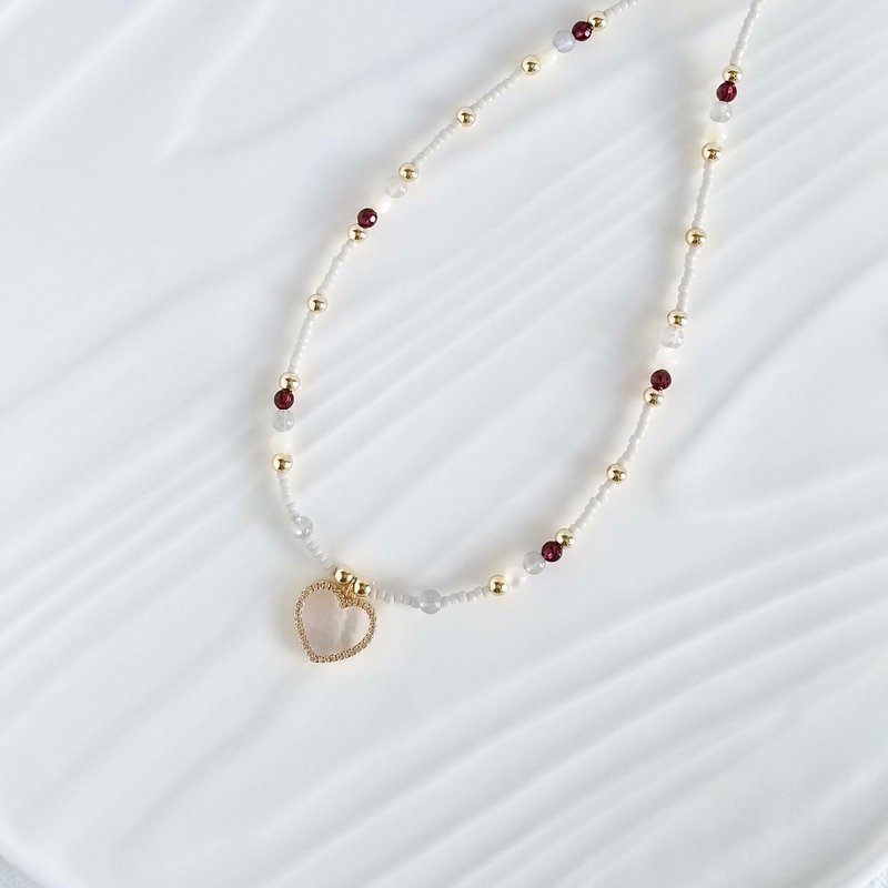 Labradorite, Garnet Beaded Choker with Mother of Pearl Heart Pendant - Necklaces - Crystal White