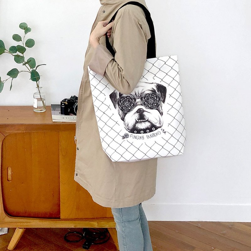 canvas bag shoulder bag tote bag  | funglass Bulldog (White) | 34cm * 37cm - Messenger Bags & Sling Bags - Other Materials White