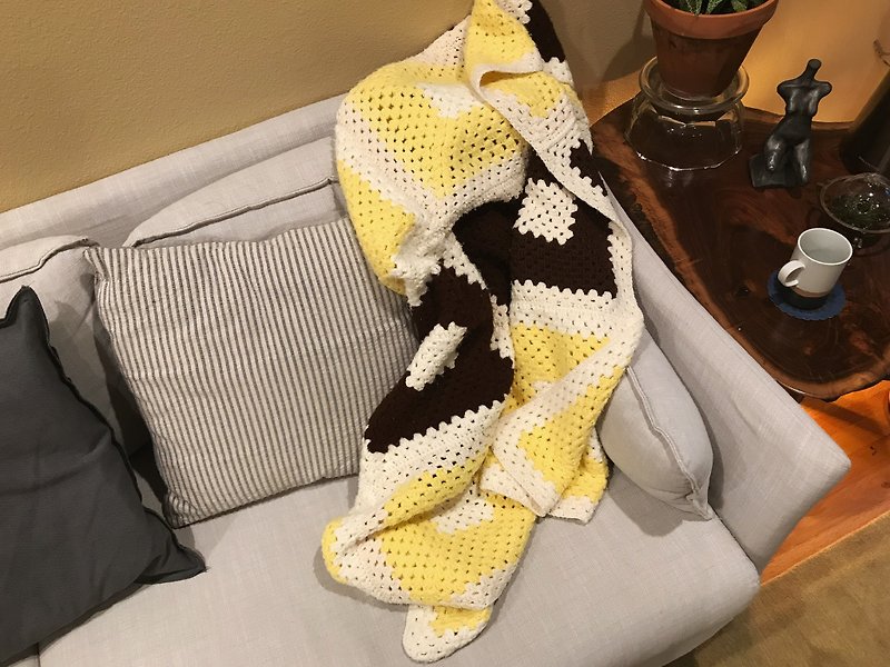 Special offer early crochet blanket / yellow and coffee - Blankets & Throws - Other Materials Yellow