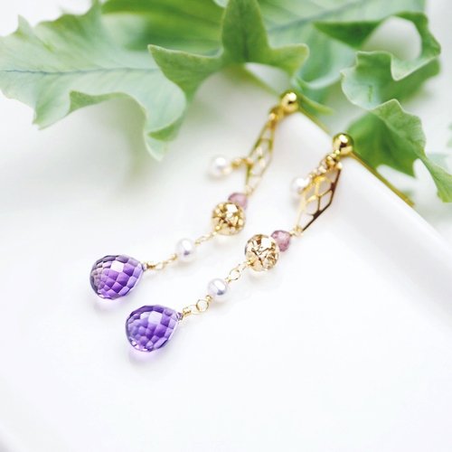 一抹月光 Emoonstone 智慧之石 鑽切天然紫水晶水滴晶亮耳環 14K