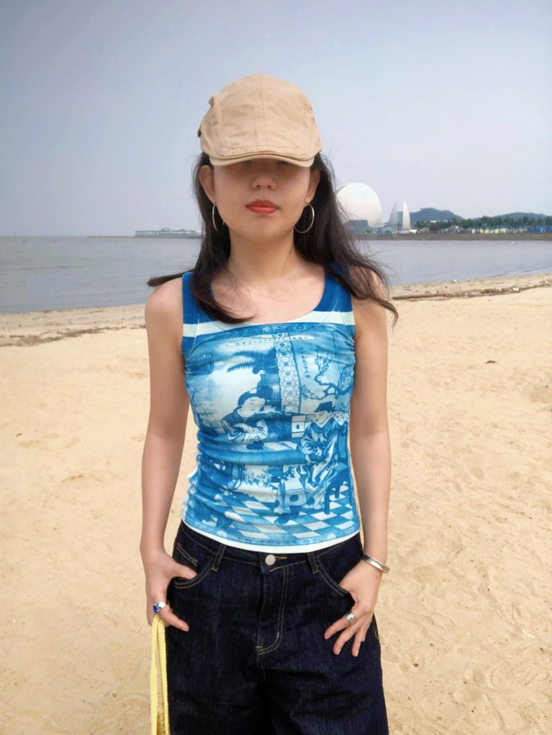 Cyanotype remake Chinese style Republic of China slim tank top - เสื้อกั๊กผู้หญิง - ผ้าฝ้าย/ผ้าลินิน สีน้ำเงิน