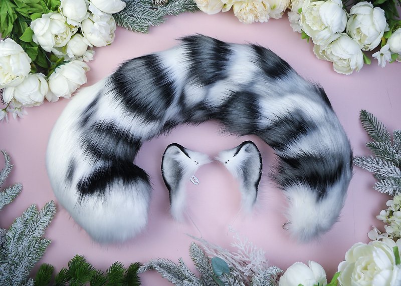 Realistic Snow Leopard Ears and Tail Set Faux Fur Ears and Tail Set