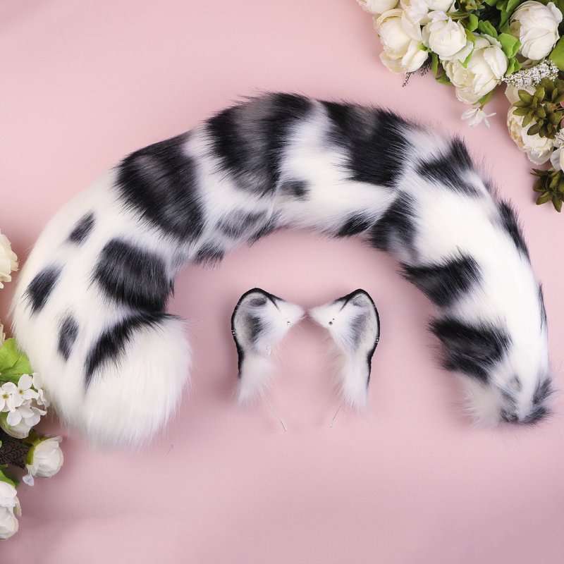 Realistic Snow Leopard Ears and Tail Set Faux Fur Ears and Tail Set - 髮圈/髮夾 - 其他人造纖維 白色