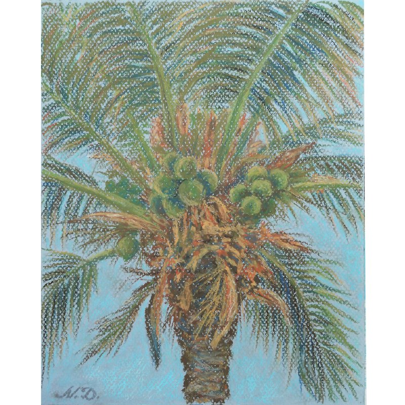 Coconut Palm Trees Painting Original Art Hawaii Beach Tropical Island Oil Pastel - โปสเตอร์ - กระดาษ สีแดง