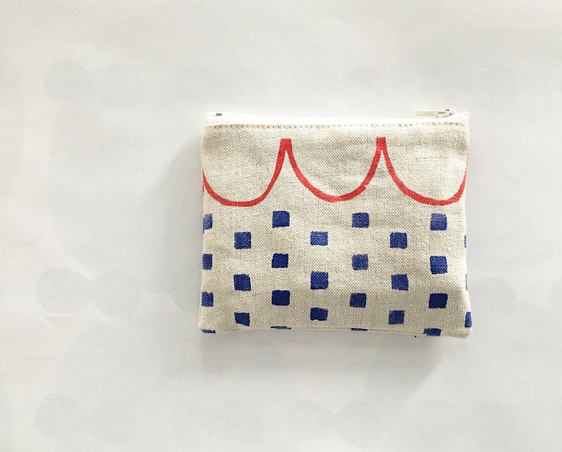 Moshimoshi | Burlap Small Bag - Plaid Neckline - กระเป๋าใส่เหรียญ - ผ้าฝ้าย/ผ้าลินิน 