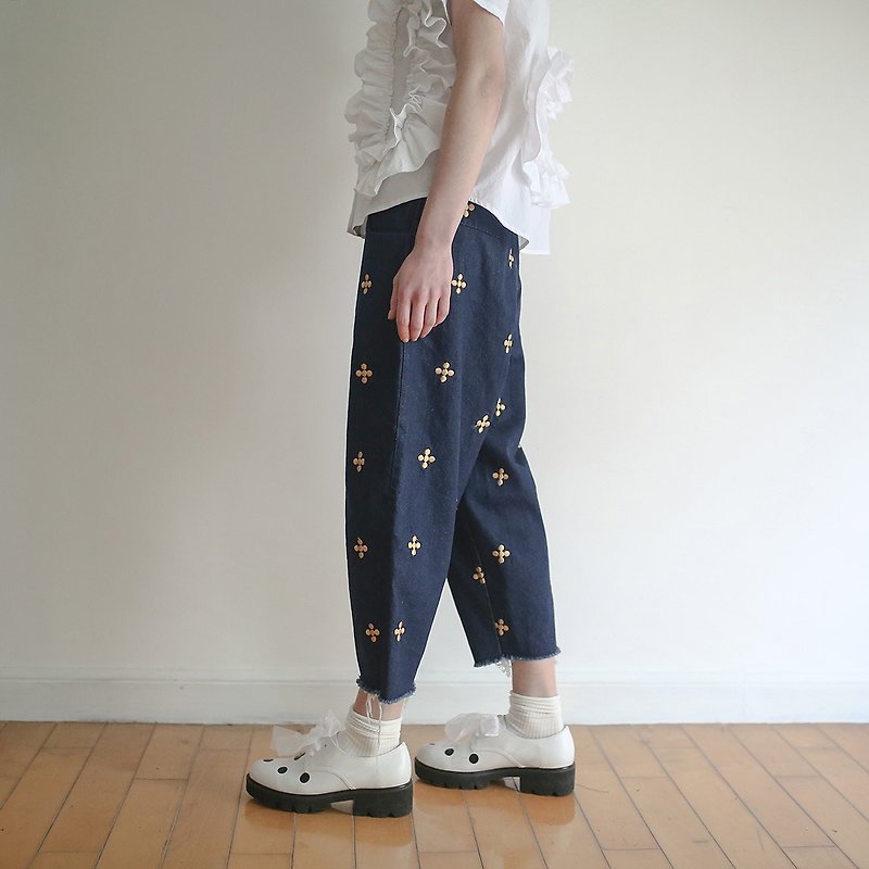 London gold embroidered denim Pants Pants - imakokoni - กางเกงขายาว - ผ้าฝ้าย/ผ้าลินิน สีน้ำเงิน