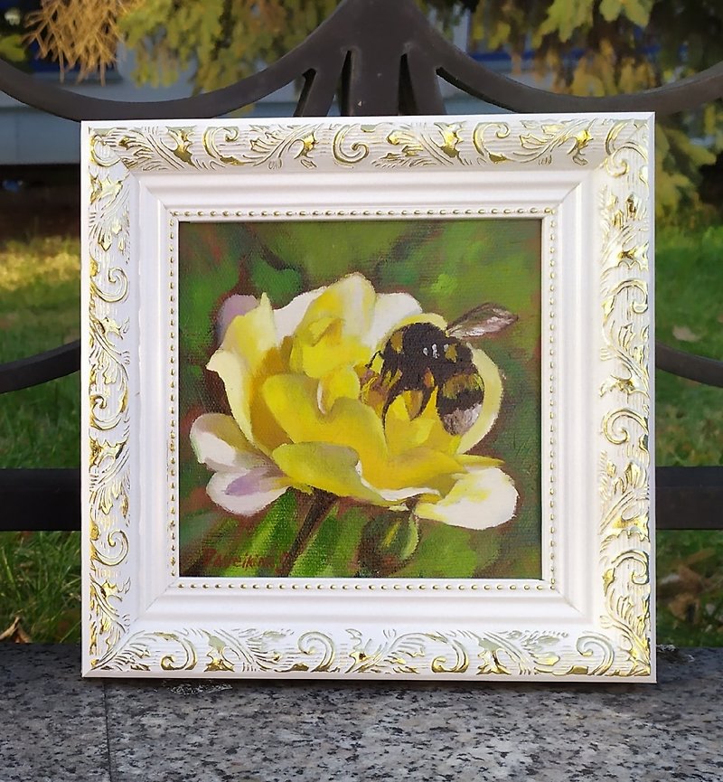 Yellow Rose Painting Bee Artwork Flower Framed Mini Oil Painting Gift for mom - 掛牆畫/海報 - 棉．麻 黃色