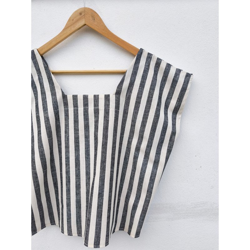 Cotton | Square neck shirt, striped pattern - 女上衣/長袖上衣 - 棉．麻 黑色
