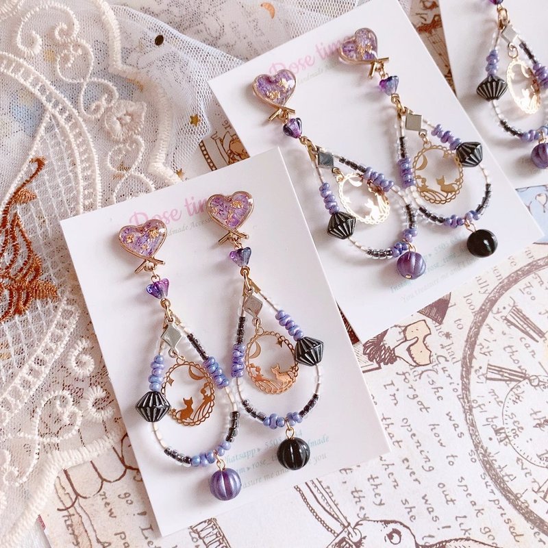 Cat magician earrings purple blue black series - Earrings & Clip-ons - Resin Purple