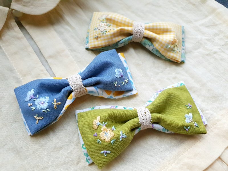 手刺繡花草蝴蝶結髮飾/清新系列/彈簧夾/黃/綠/藍 - 髮夾/髮圈 - 棉．麻 