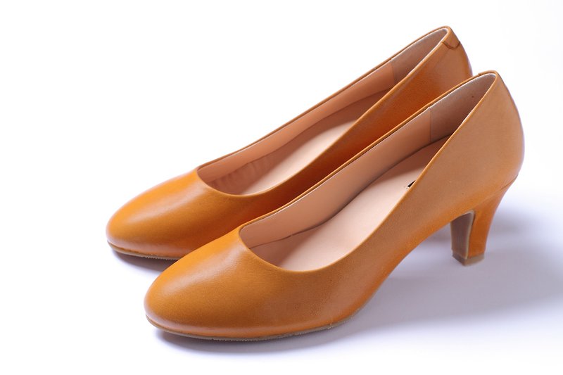 Brown temperament long heel shoes - High Heels - Genuine Leather Orange