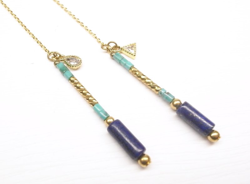 "Silver wool" Ear Candy [CHAINS - Bronze bonbons Blue hanging earrings] (a pair) - Earrings & Clip-ons - Other Metals 