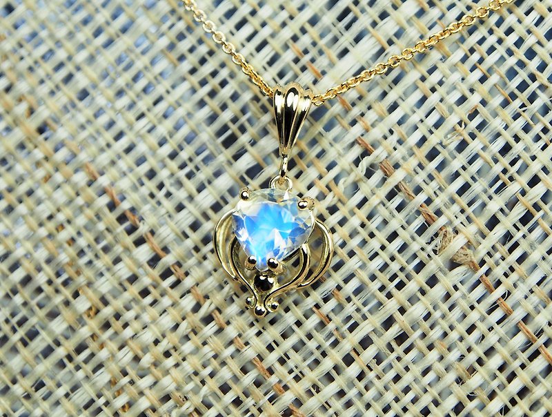 Customized Gift-Light Jewelry-Heart Mirror (Blue Halo Moonstone / 14K Gold / With K Gold Chain) - Necklaces - Gemstone Blue