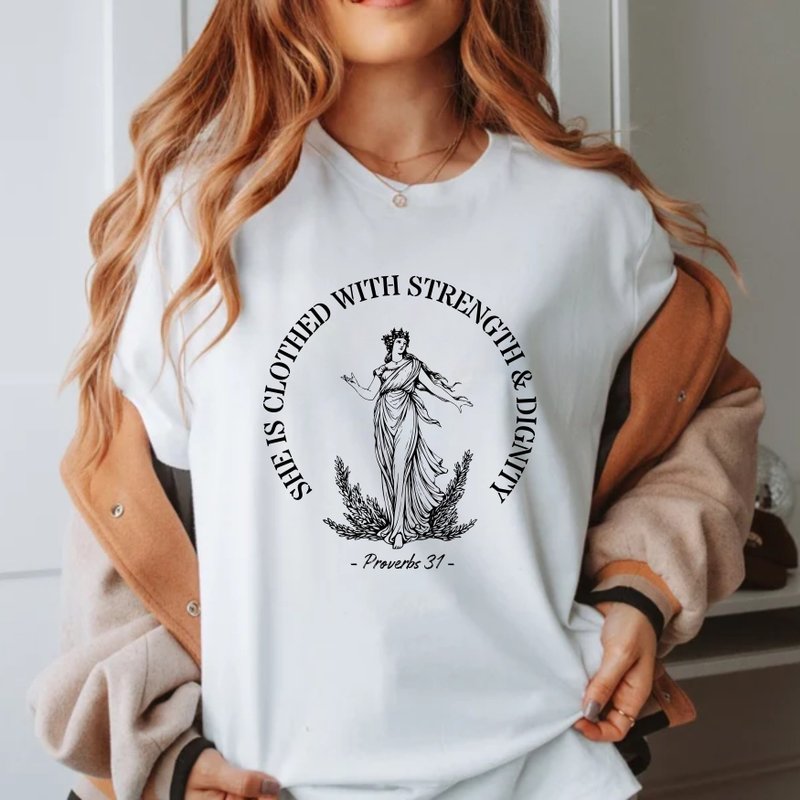 She is Clothed With Strength Proverbs 31:25 Bible Verses Unisex Cropped Top - เสื้อยืดผู้หญิง - ผ้าฝ้าย/ผ้าลินิน ขาว