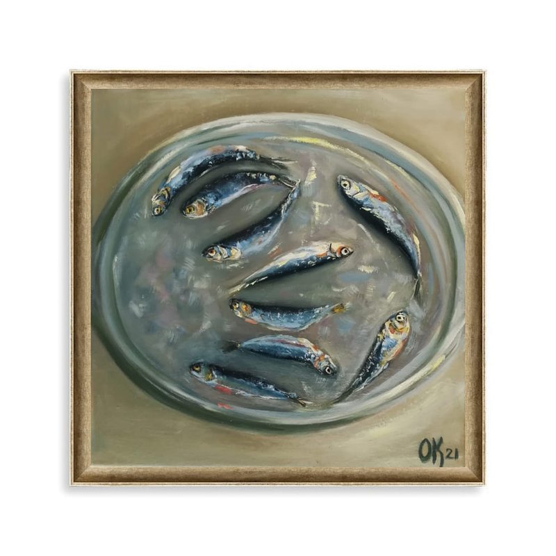 Handmade fishes paintings - unique still life painting for cottage gift idea - ตกแต่งผนัง - ผ้าฝ้าย/ผ้าลินิน สีน้ำเงิน