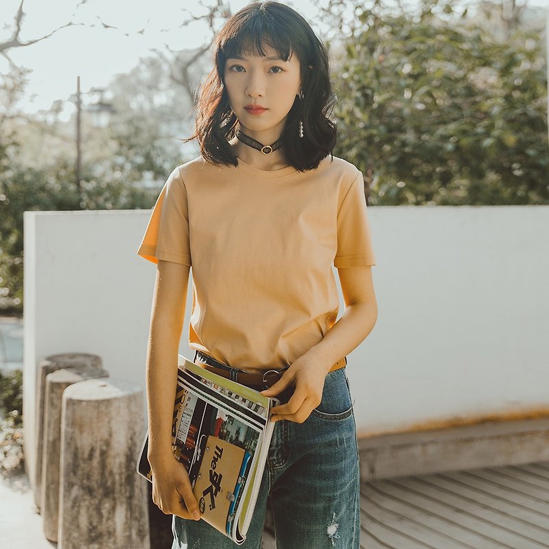 Annie Chen 2018 summer new literary women's round neck mercerized cotton T-shirt - เสื้อยืดผู้หญิง - ผ้าฝ้าย/ผ้าลินิน สีส้ม