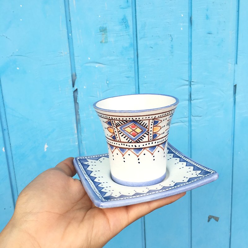 Blue Handmade Tribal Totem Coffee Cup Teacup - แก้ว - เครื่องลายคราม สีน้ำเงิน