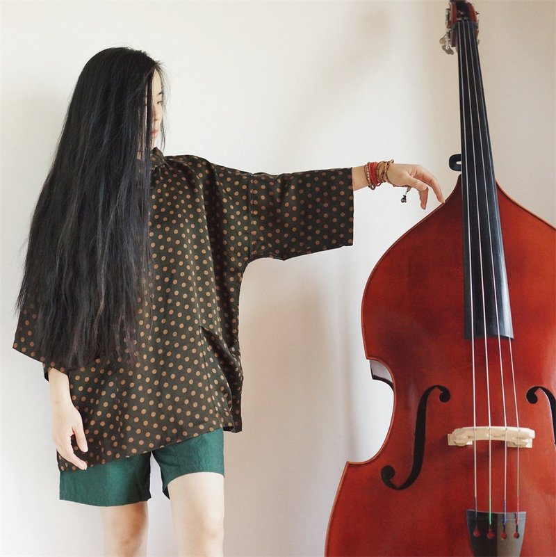 圓點香雲紗桑蠶絲 Fisherman Smock 真絲罩衫漁夫罩衣 - 女上衣/長袖上衣 - 絲．絹 咖啡色