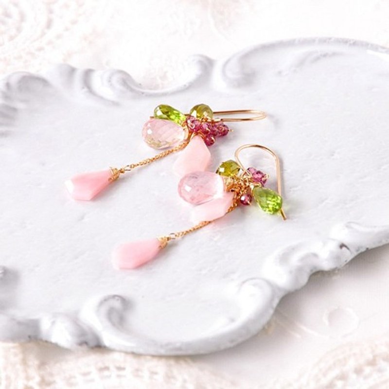 14kgf/pink opal x rose quartz earrings - ต่างหู - เครื่องเพชรพลอย 