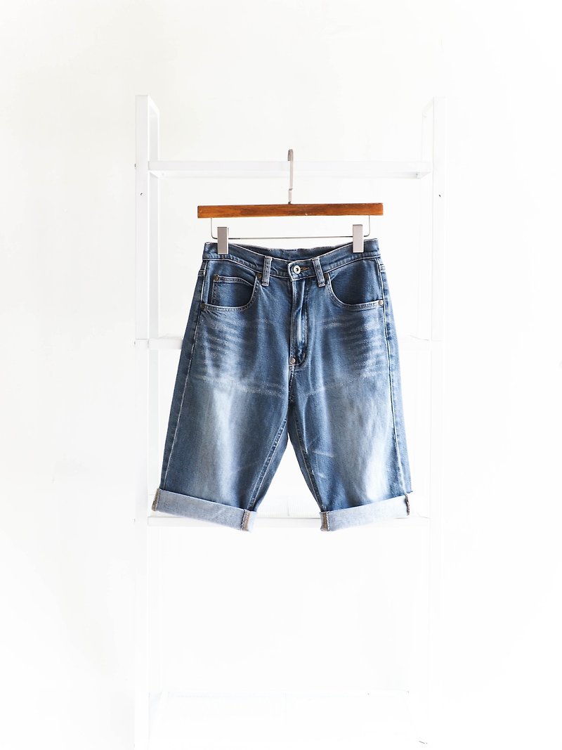 Lee / W27 Wakayama Grey Blue Mountain Sea Ridge Cotton Denim Antique Straight Shorts vintage - กางเกงขายาว - ผ้าฝ้าย/ผ้าลินิน สีน้ำเงิน