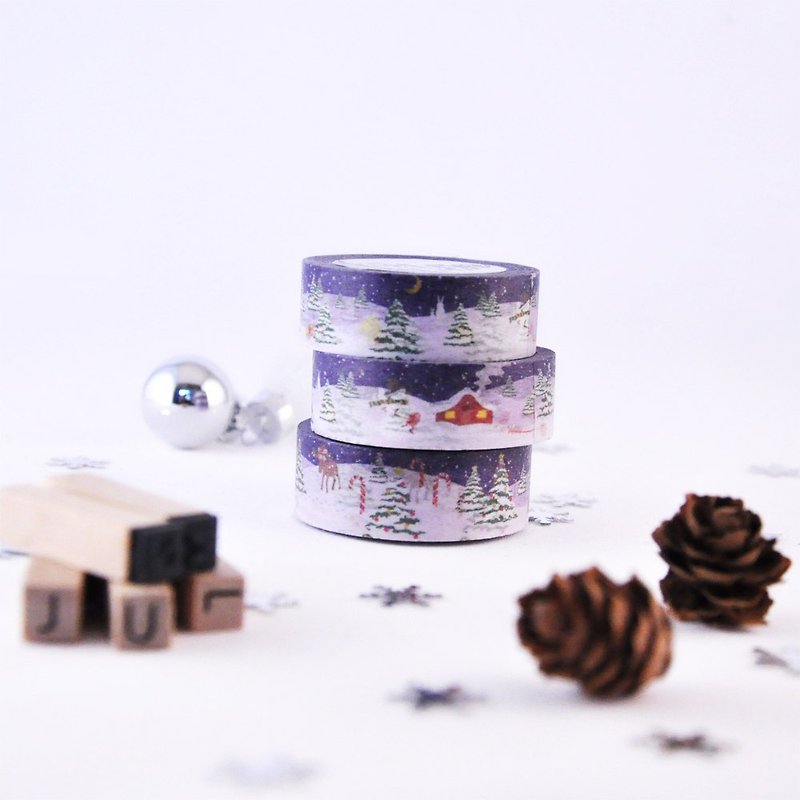 Winter Wonderland washi tape with cute characters and a snowy night scene - Washi Tape - Paper Blue
